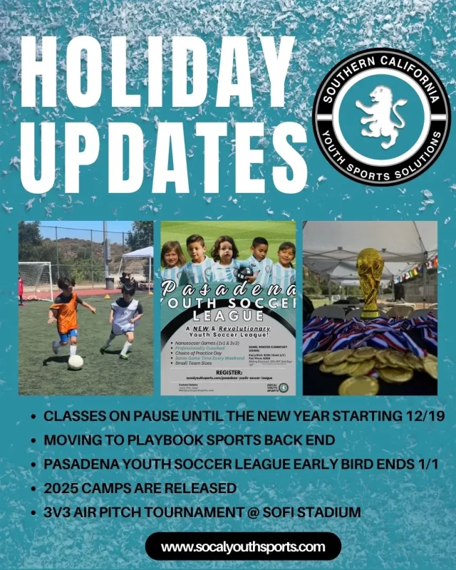 Youth soccer players celebrating on an air pitch at SoFi Stadium in Los Angeles, promoting SoCal Youth Sports Solutions' programs, including 3v3 tournaments, soccer leagues, and private lessons