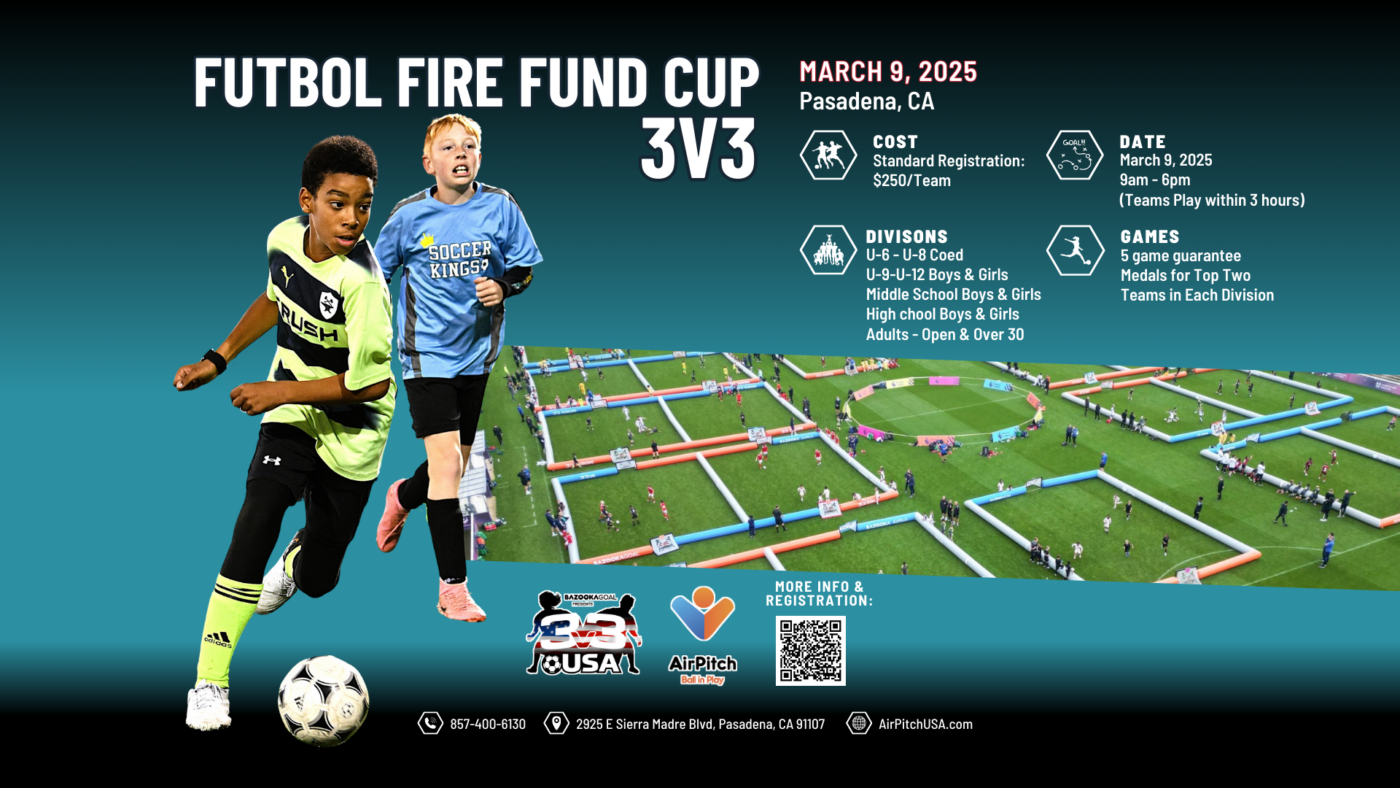 Players in a fast-paced 3v3 soccer tournament making a quick pass.