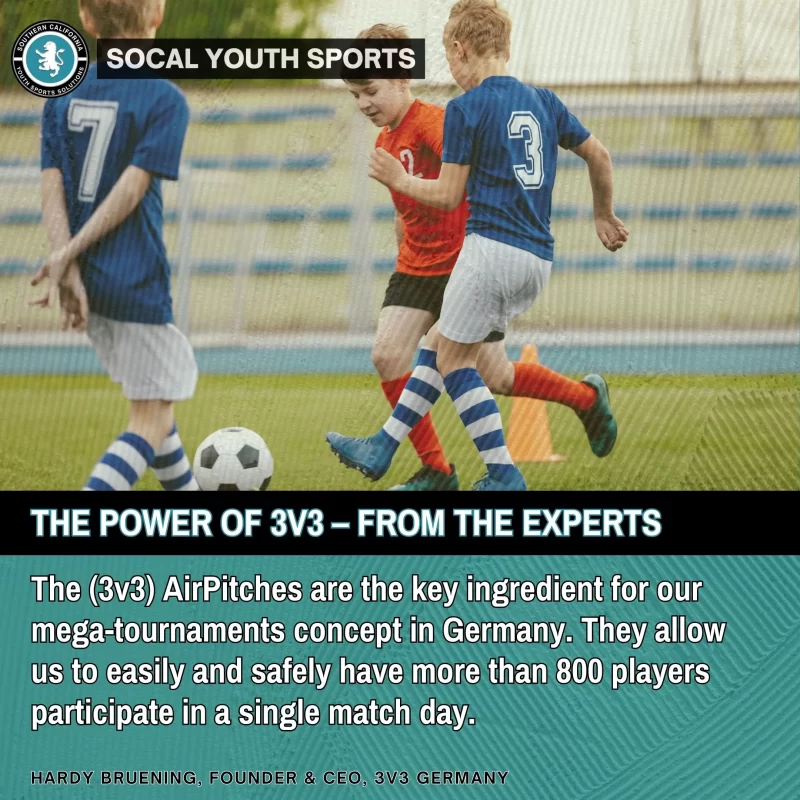 Young players in a 3v3 soccer game developing foot skills and decision-making