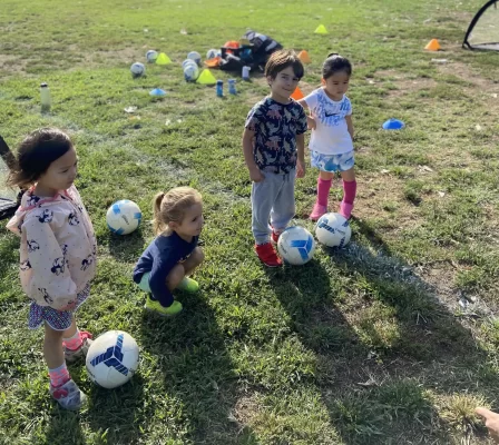 Toddlers participating in a soccer class, running and kicking balls during a parent-child session in the park