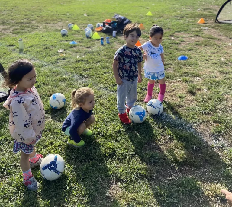 Toddlers participating in a soccer class, running and kicking balls during a parent-child session in the park